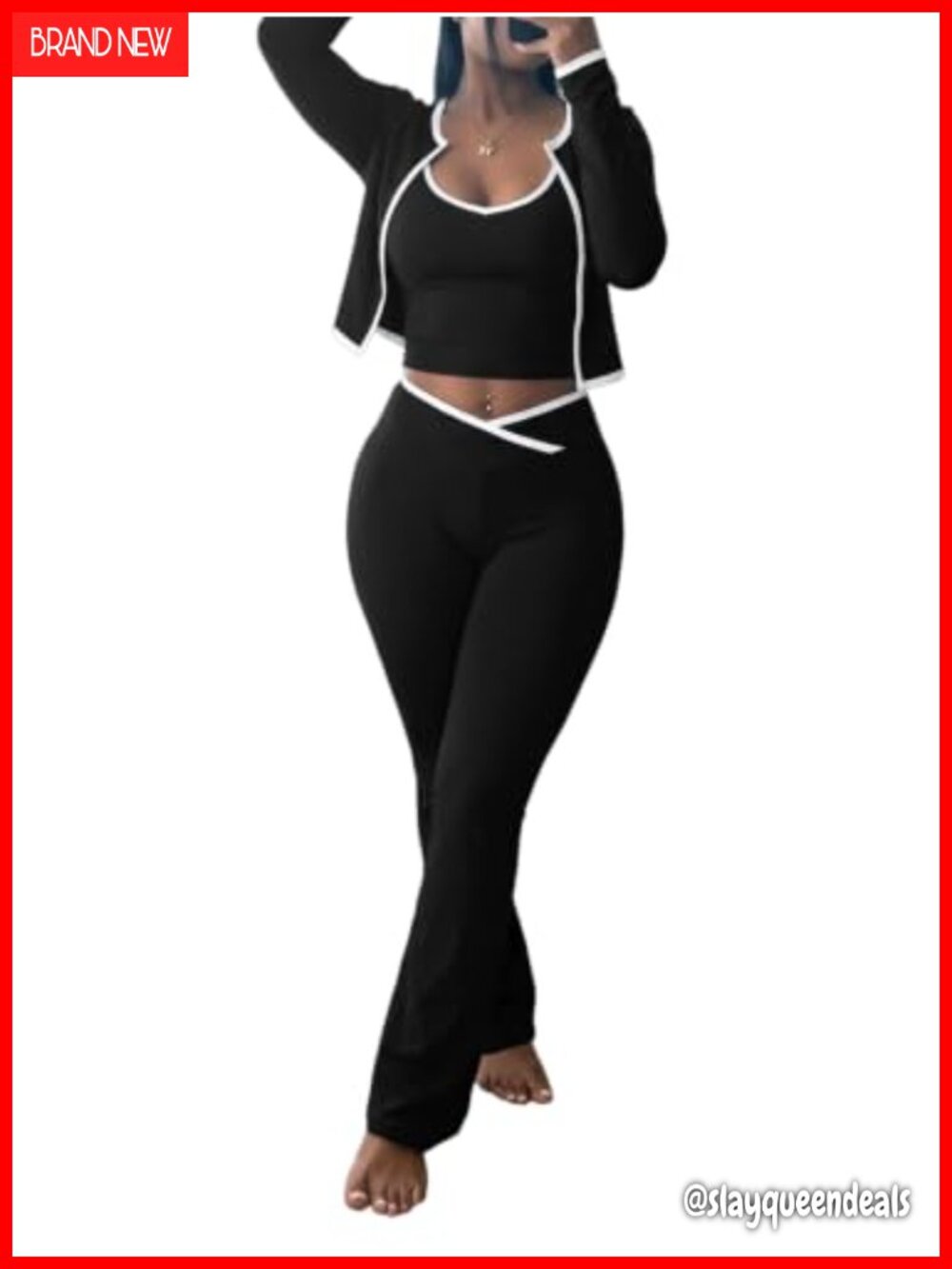 Women 3 Piece Workout Set Cropped Jacket Tank Flare Pants